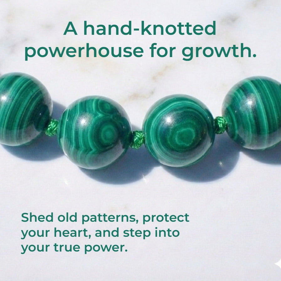 Natural Malachite bead bracelet with hand-knotted cord and adjustable macrame closure.