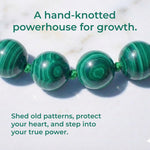 Natural Malachite bead bracelet with hand-knotted cord and adjustable macrame closure.